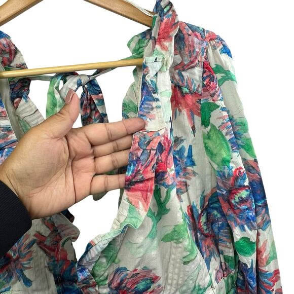 Anthropologie Floral Plunging V Long Sleeve Crop Top Size L Large Tie Back - Picture 6 of 14